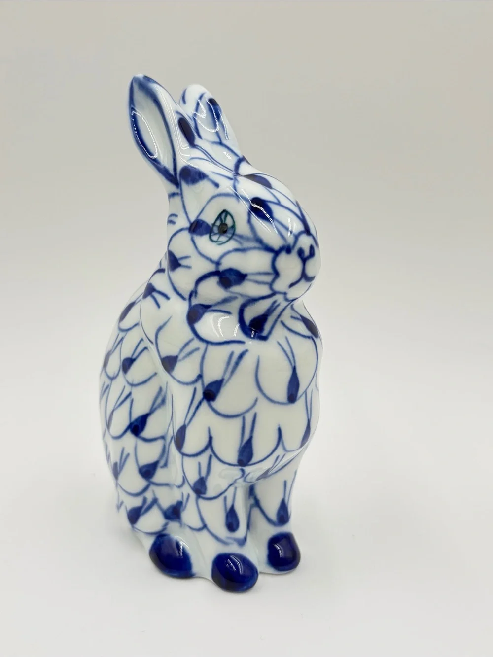 Andrea by Sadek Vintage Blue and White Fishnet Porcelain Bunny Rabbit Figurine